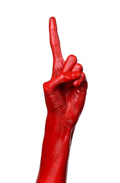 Red hand on white background, isolated, paint