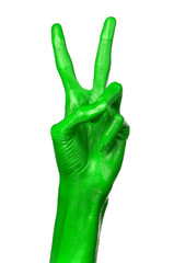 Green hand on white background, isolated, paint