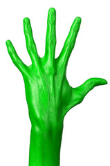 Green hand on white background, isolated, paint