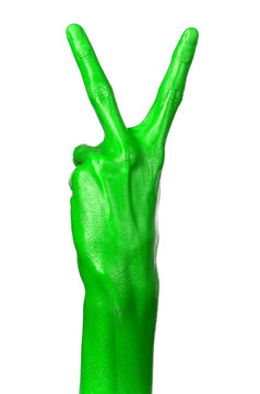Green hand on white background, isolated, paint