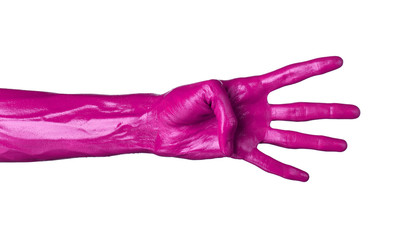 Pink hand on white background, isolated, paint