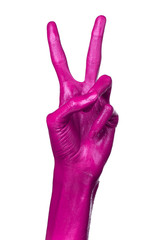 Pink hand on white background, isolated, paint