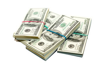 Bundles of US dollars banknotes on a white background