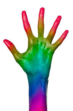 Rainbow hand on white background, isolated, paint