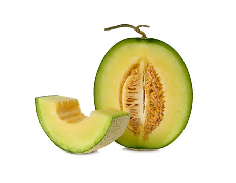 ripe green melon with stem on white background