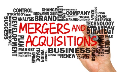 mergers and acquisitions with business word cloud handwritten on
