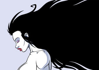 Conceptual illustration with a woman with long black hair.