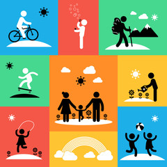 Flat Summer Travel Icons with Adults and Children