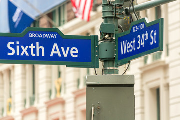 Sixth Avenue and 34st Street intersection sign - New York