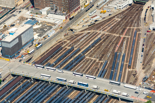 Aerial view of Penn Station and Manhattan buildings