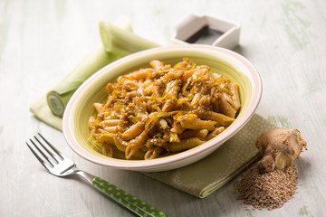 oriental pasta with leek seed sesame ginger and soy sauce