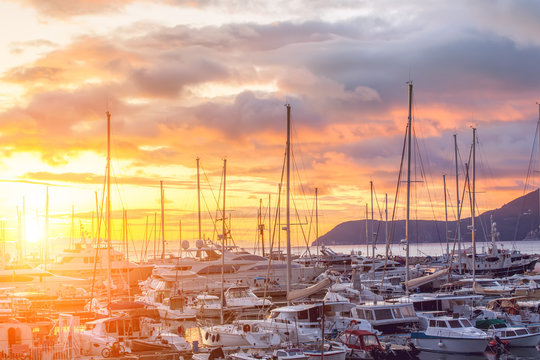 Yacht Marina At Sunset. Montenegro.