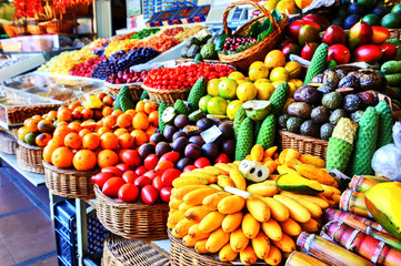 Fresh exotic fruits in Mercado Dos Lavradores.  Funchal, Madeira - 83760504