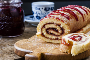 Biscuit roulade with cherry jam