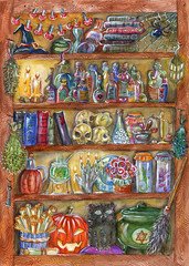 Fototapeta premium Halloween illustration with magic objects on shelves 