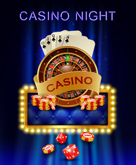 Casino background with cards, chips, craps and roulette.