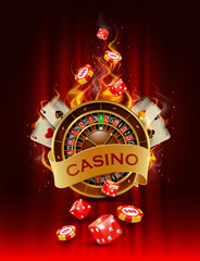 Casino background with cards, chips, craps and roulette. 