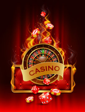 Casino background with chips, craps and roulette on fire. 