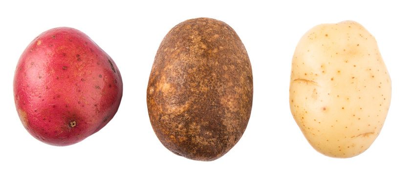 Red, brown, yellow potatoes on white background