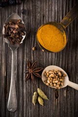 Mixed spices in different spoons