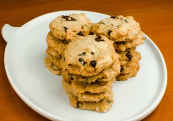 Chocolate chip cookies on wood table / Close up image