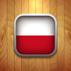 Rounded Square Polish Flag Icon on Wood Texture.