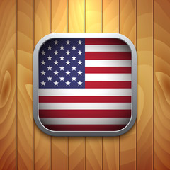 Rounded Square USA Flag Icon on Wood Texture.
