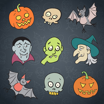 Halloween Cartoon Characters Set.