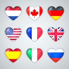 Glass Heart Flags of Countries Icon Set.