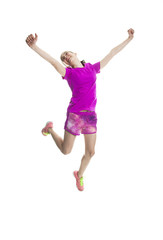 running young girl in sport cothes, white background
