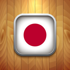 Rounded Square Japan Flag Icon on Wood Texture.