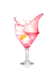 Fresh pink cocktail, lemon isolated on white background splash