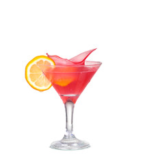 Fresh pink cocktail, lemon isolated on white background splash