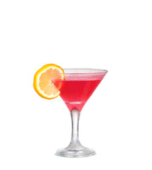 Fresh pink cocktail, lemon isolated on white background splash