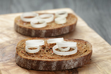 rye bread grated with garlic with leek, crostini