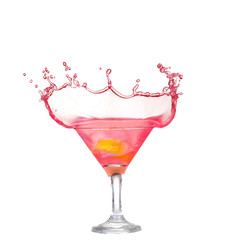 Fresh pink cocktail, lemon isolated on white  splash