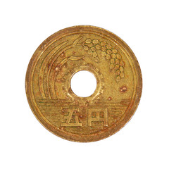 Japanese five yen coin.Isolated.