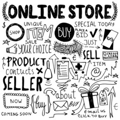 Online shopping hand drawn doodles.