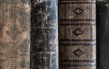 close up of old vintage leather books
