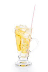 Refreshing ice cold ginger tea in  glass on vertical format