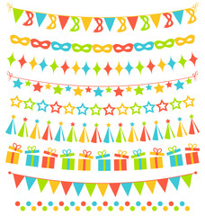 Set of multicolored flat buntings garlands flags isolated on whi