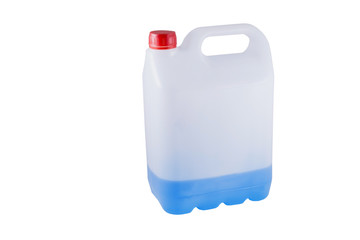 white plastic canister with blue liquid