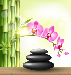 Fototapeta na wymiar Stack of spa stones with orchid pink flowers and bamboo and sunl