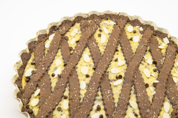 freshly baked cocoa tart with cheese and chocolate