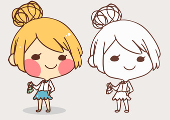 cute girl coloring  book line art cartoon vector illustration wh