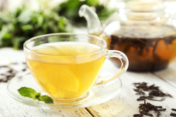 Green tea in cup and teapot 