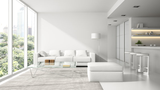 Interior of the modern design  loft in white  3D rendering