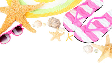 Beach accessories on white background