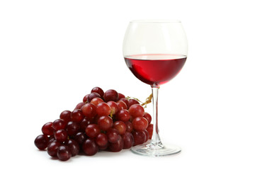 Glass of red and white wine, cheeses and grapes 