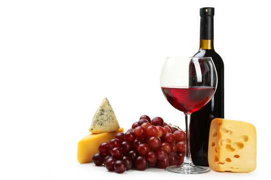 Glass Of Red And White Wine, Cheeses And Grapes 